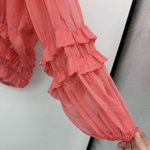 Black Ruffle Coral Pink Sheer Blouse Size Medium Y2k Style - Picture 7 of 8
